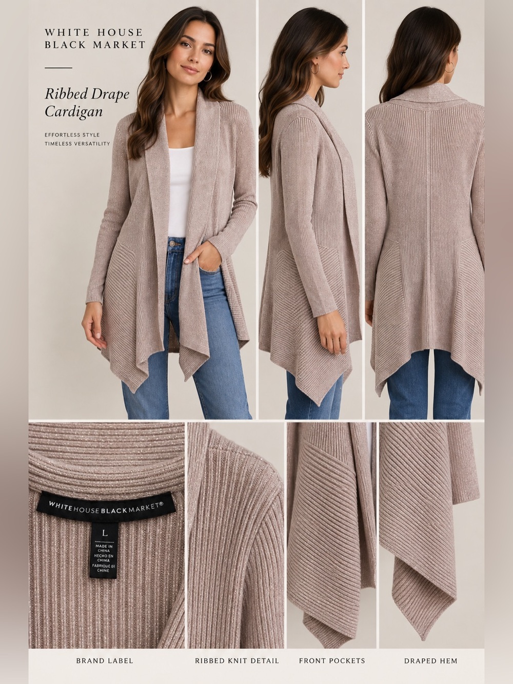 White House Black Market Taupe Ribbed Drape Cardigan Large